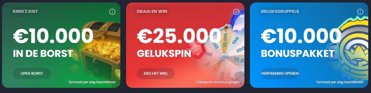 Bitkingz Casino promoties met King'z Kist van €10.000, Draai en Win met €25.000 aan prijzen en Geluksdruppels met een bonuspakket van €10.000